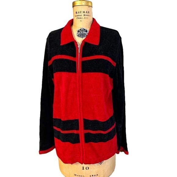 Designers Originals Studio Red and Black Chenille Zip Cardigan - Picture 2 of 9
